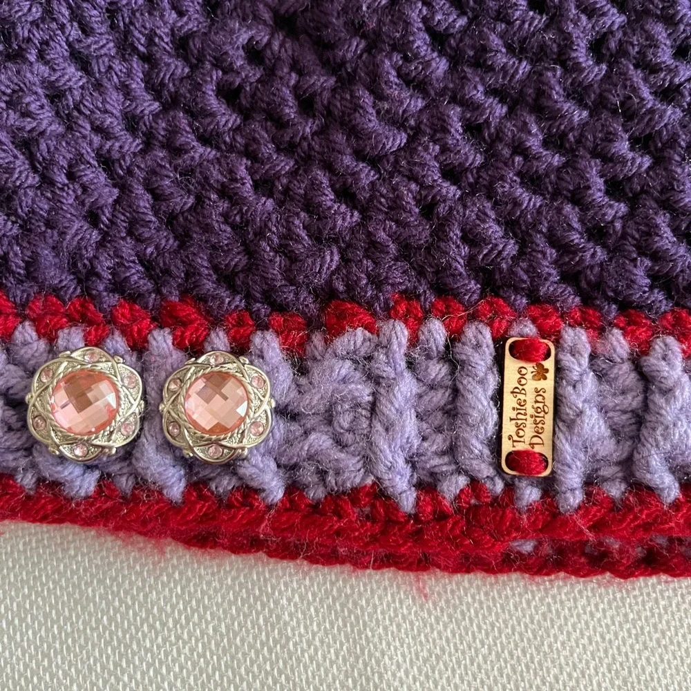 Purple and Red Crochet Beanie with Pink Accents